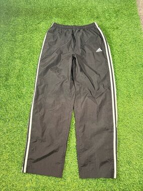Y2K Adidas Black Nylon Track Pants Windbreaker Stripe Spellout Logo Size L Mens